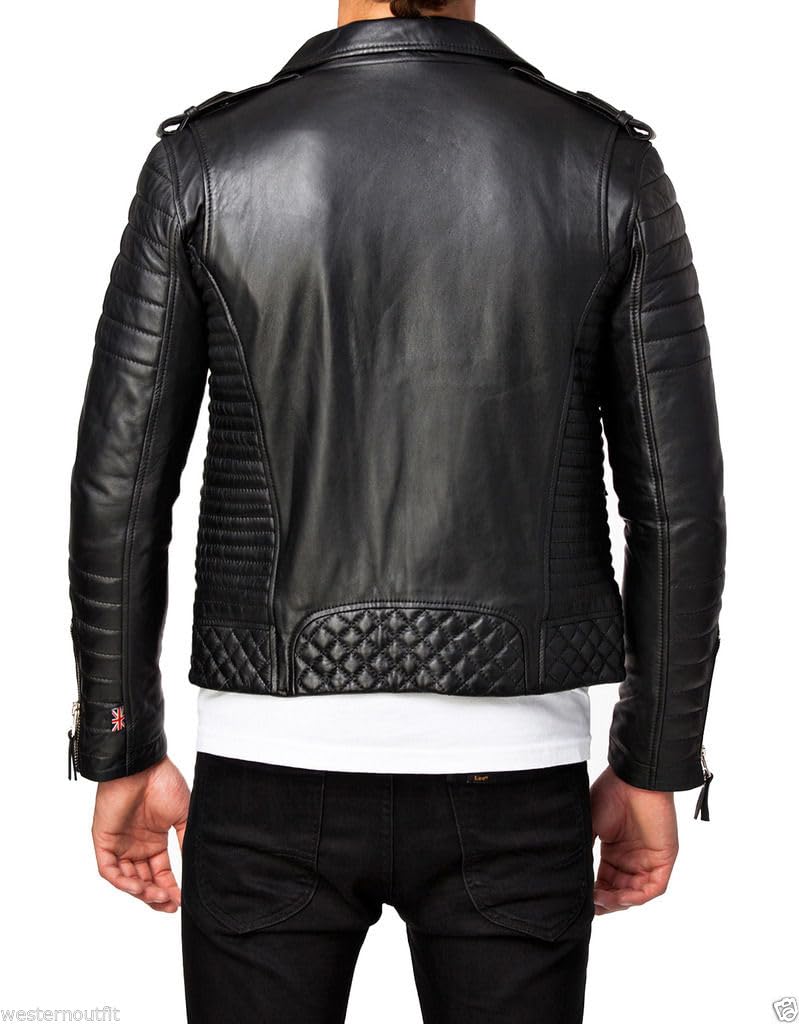 DECIMAL Men's Black REAL Lambskin Leather Biker Jacket VINTAGE GENUINE MOTORCYCLE JACKETS FOR MEN (US, Alpha, Medium, Regular, Regular, C BLACK)