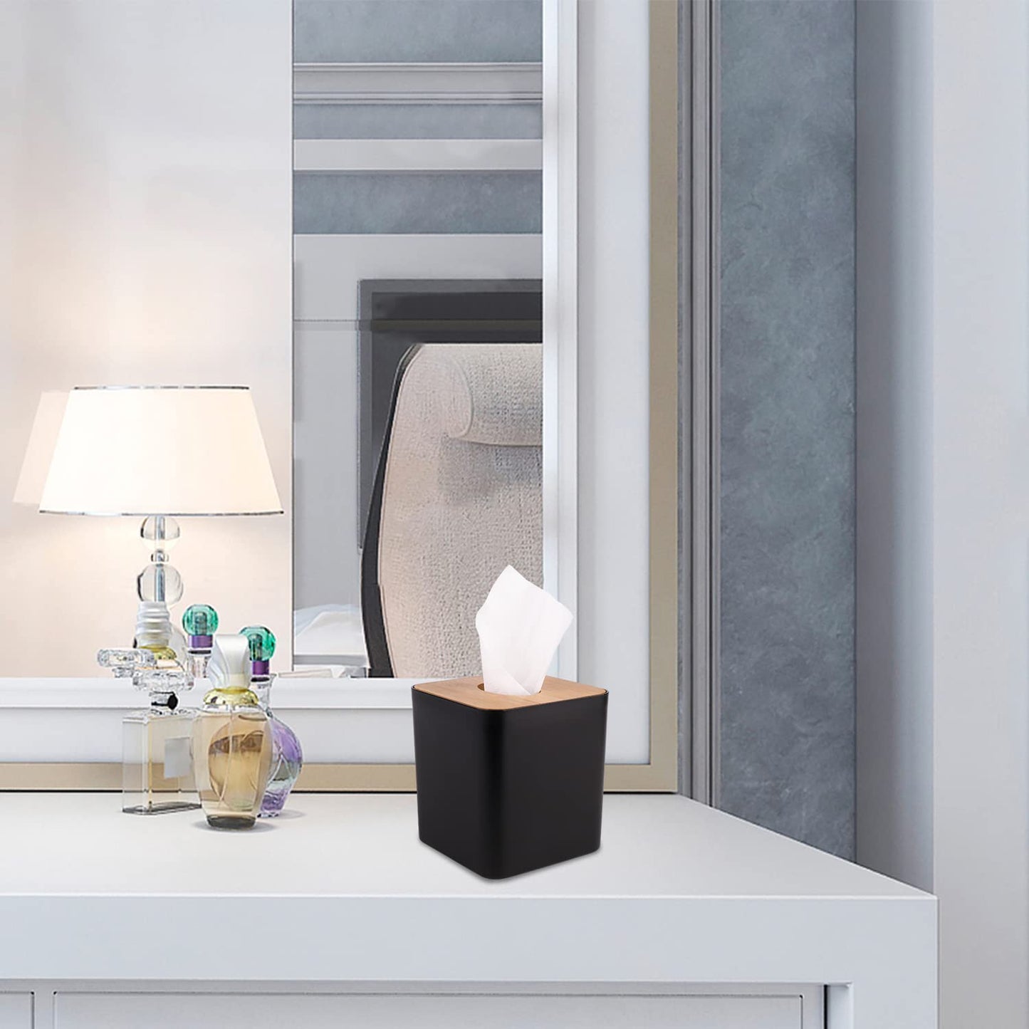 MOCHTERO Tissue Box Cover,Tissue Holders,Tissue Box Holder for Bathrooms,Bamboo Cover Plate,Home and Office,5 * 5 * 5.4in (Black)