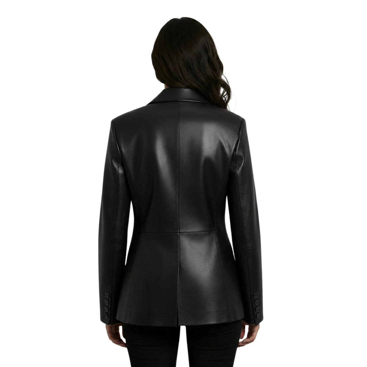 Classic Black Real Leather Blazer Jacket Women Tailored Two Button Closure Notch Lapel Structured Fit Smart Casual Style (US, Alpha, Large, Regular, Regular, Black)
