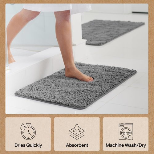 GORILLA GRIP Bath Rug Mat - Thick Soft Chenille | Quick Dry Microfiber, 30x20, Grey Washable Bathroom Accessory