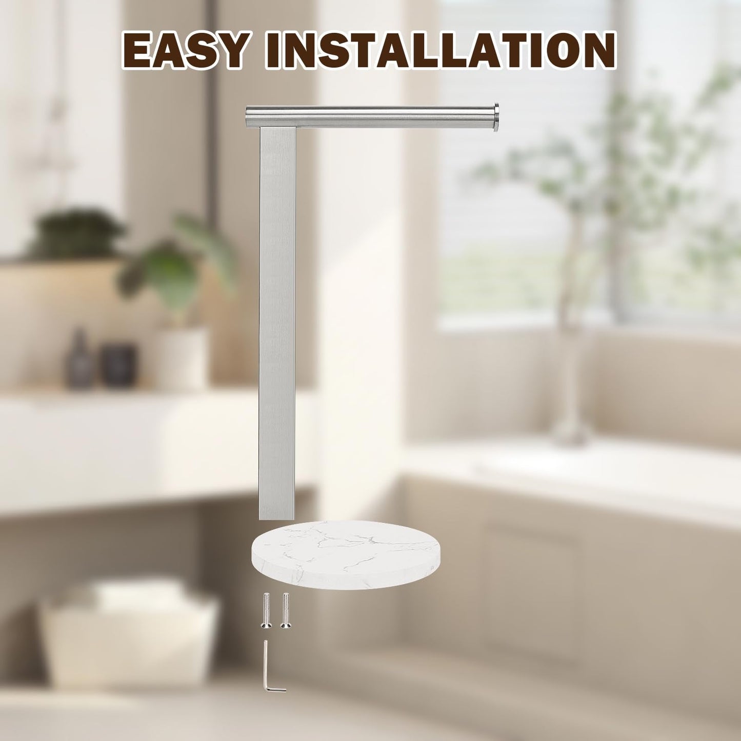 Siyzda Hand Towel Holder Stand for Bathroom, L- Shaped Standing Hand Towel Rack, Towel Bar Kitchen Vanity Countertop Organizer, SUS304 Stainless Steel Material (Marble Base, Brushed Nickel)