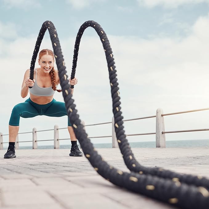 MECCANIXITY Battle Rope 30ft x 2 Inch Polyester Workout Rope Heavy Fitness Exercise Rope for Strength Training Home Gym Muscle Building, Black Yellow
