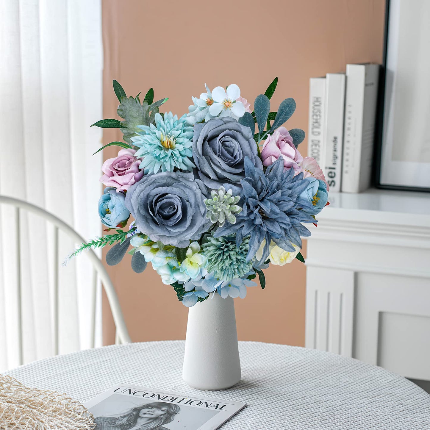 AmyHomie Blue Artificial Flowers Combo Silk Mix Peony Rose Hydrangea Fake Flowers w/Stem for DIY Wedding Bouquets Centerpieces Arrangements Table Decor Party Bridal Baby Shower Home Decorations