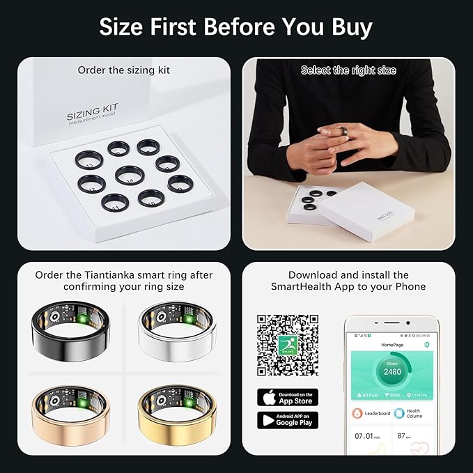 Ring Health Tracker for Women Men, Fit Ring with Heart Rate, Blood Oxygen, Sleep Monitor, Calories, Step Counter, IP68 Waterproof Smart Ring for iPhone & Android, No Subscription Fee (Rose Gold, 8#)