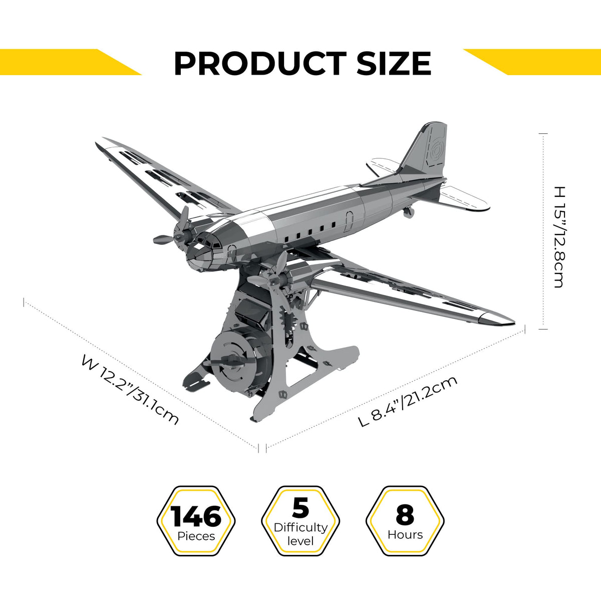 METAL-TIME REMARKABLE DOUGLAS, Douglas DC-3 Model, 3D Metal Airplane Model Mechanical Building Kit, Unique Wind-Up Moving Mechanism, Stainless Steel DIY Construction with Toolbox - 146 Pieces.