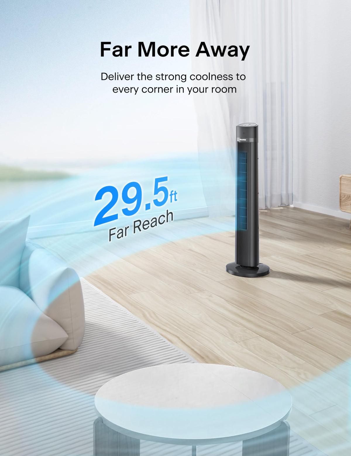 PELONIS 40 inch Bladeless Tower Fan for Bedroom, Standing Fan with Remote Control, 26ft/s, 90Β° Oscillation, 3 Speed Settings, 27 Db, 3 Modes, 15-Hour Timer, LED Display, Fan that Blows Cold Air, Grey