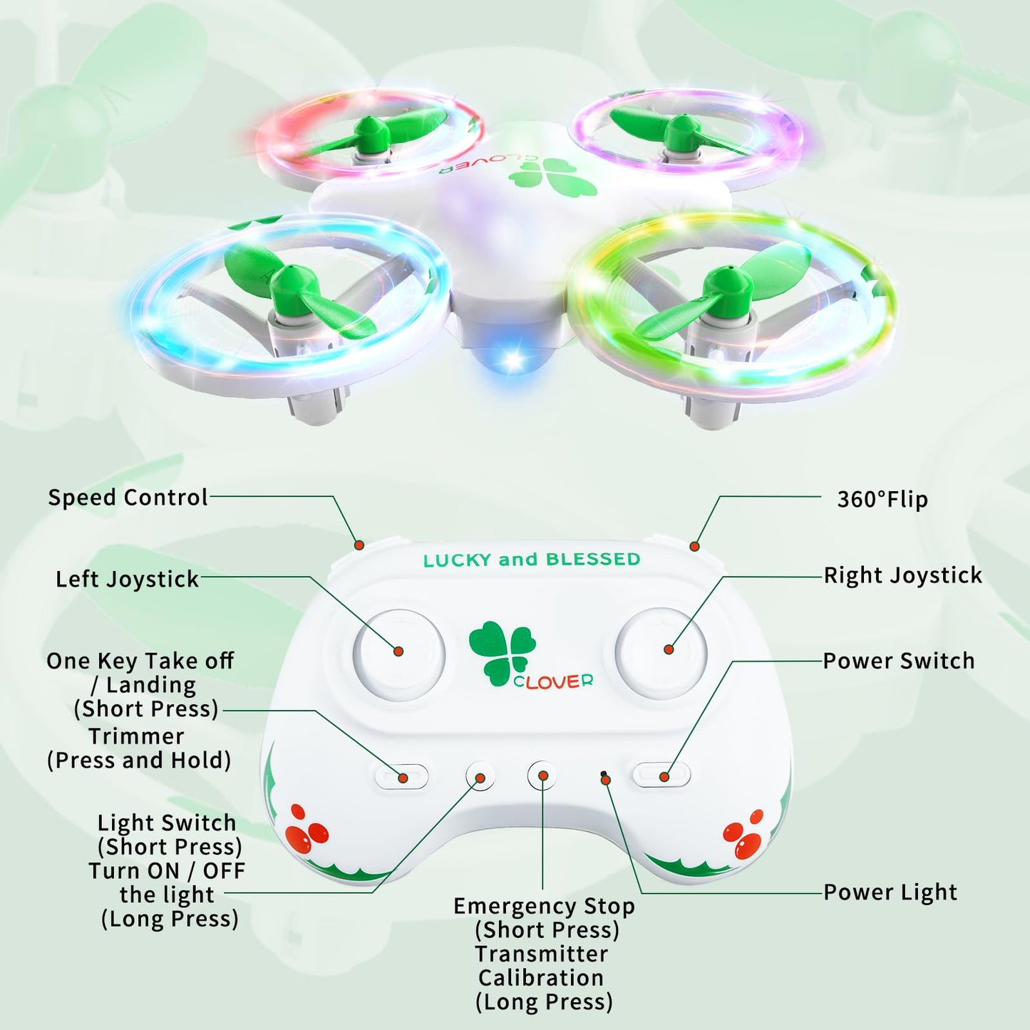 Clover Drone for Kids β Beginner-Friendly LED Quadcopter with Dual Modular Batteries, Easy to Fly, Altitude Hold, One-Key Takeoff, 360 Flips β Gift for Boys & Girls Age 6+