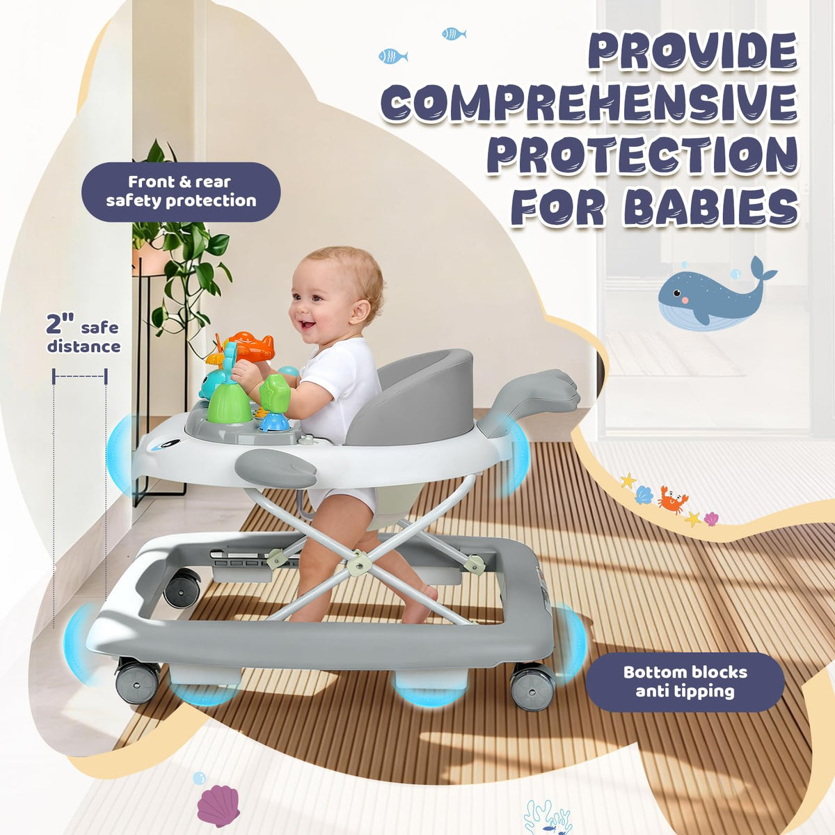 Baby Walker with Wheels, Music and Lights Foldable Baby Walker, 3 Adjustable Heights, Activity Walker for Baby Boy and Girl 6-18 Months, Gray