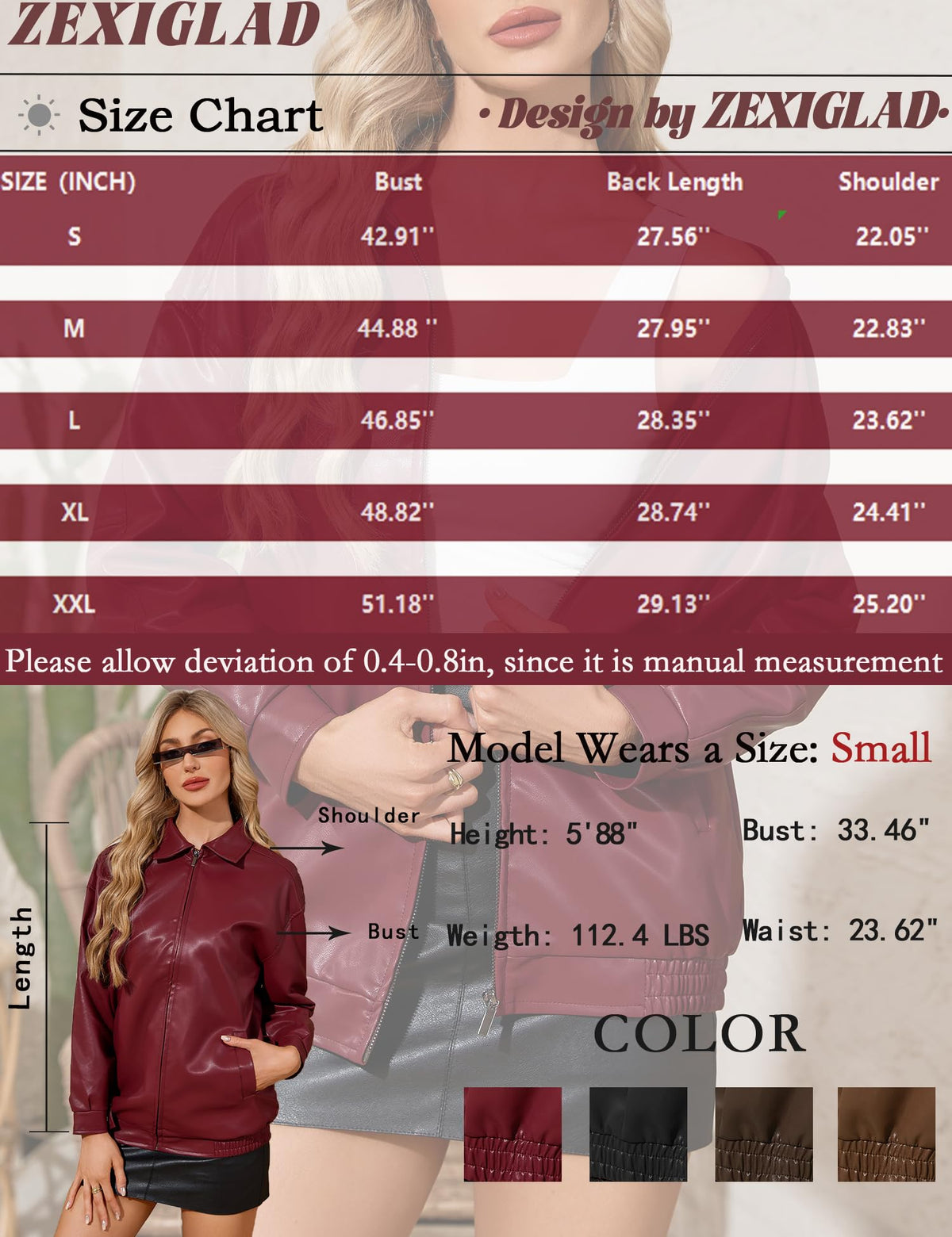 ZEXIGLAD Red Leather Jacket Women Oversized Faux Suede Motorcycle Bomber Winter Coats Zip Up Fall Leather Jackets 2025 with Pocket Wine Red S