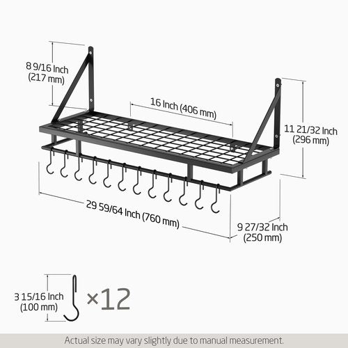 KES 30-Inch Kitchen Pan Pot Rack Wall Mounted Hanging Storage Organizer Wall Shelf with Hooks Matte Black, KUR215S75A-BK
