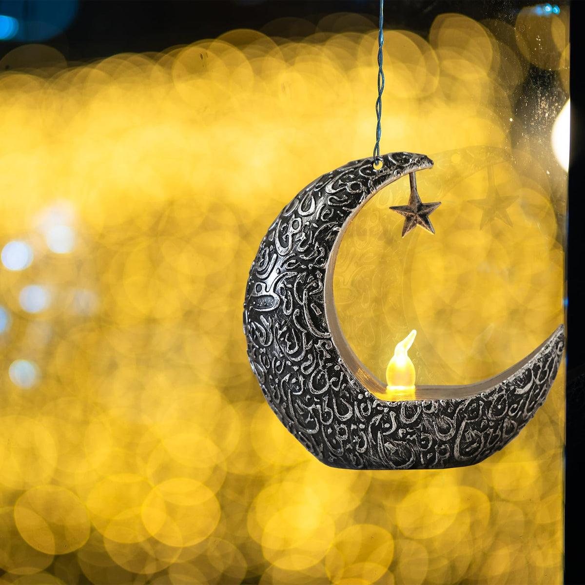 Hying 2 Pieces Ramadan Lanterns Decoration Eid-ul-fitr Table Lamp Eid Mubarak Flameless Candle Lanterns Ramadan Moon Star Lamp for Home Tabletop Decor-Sliver Black
