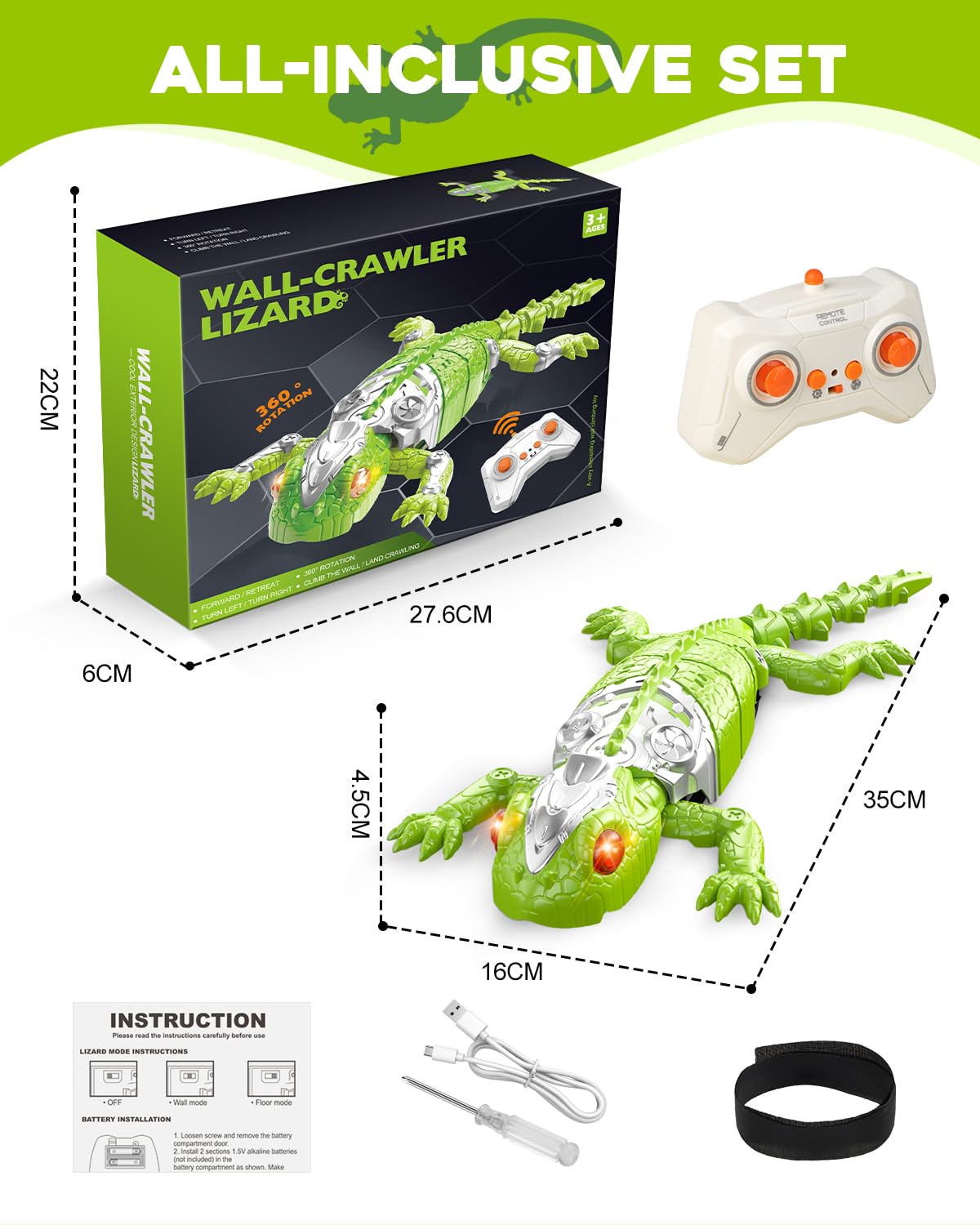 Wall Climbing Gecko Toy for Kids, Dual Mode Floor & Wall Driving, Rechargeable Remote Control Robot, Climbs up Toys & Games, Halloween Christmas Birthday Gifts for Boys Girls Ages 4 & Up(Green)