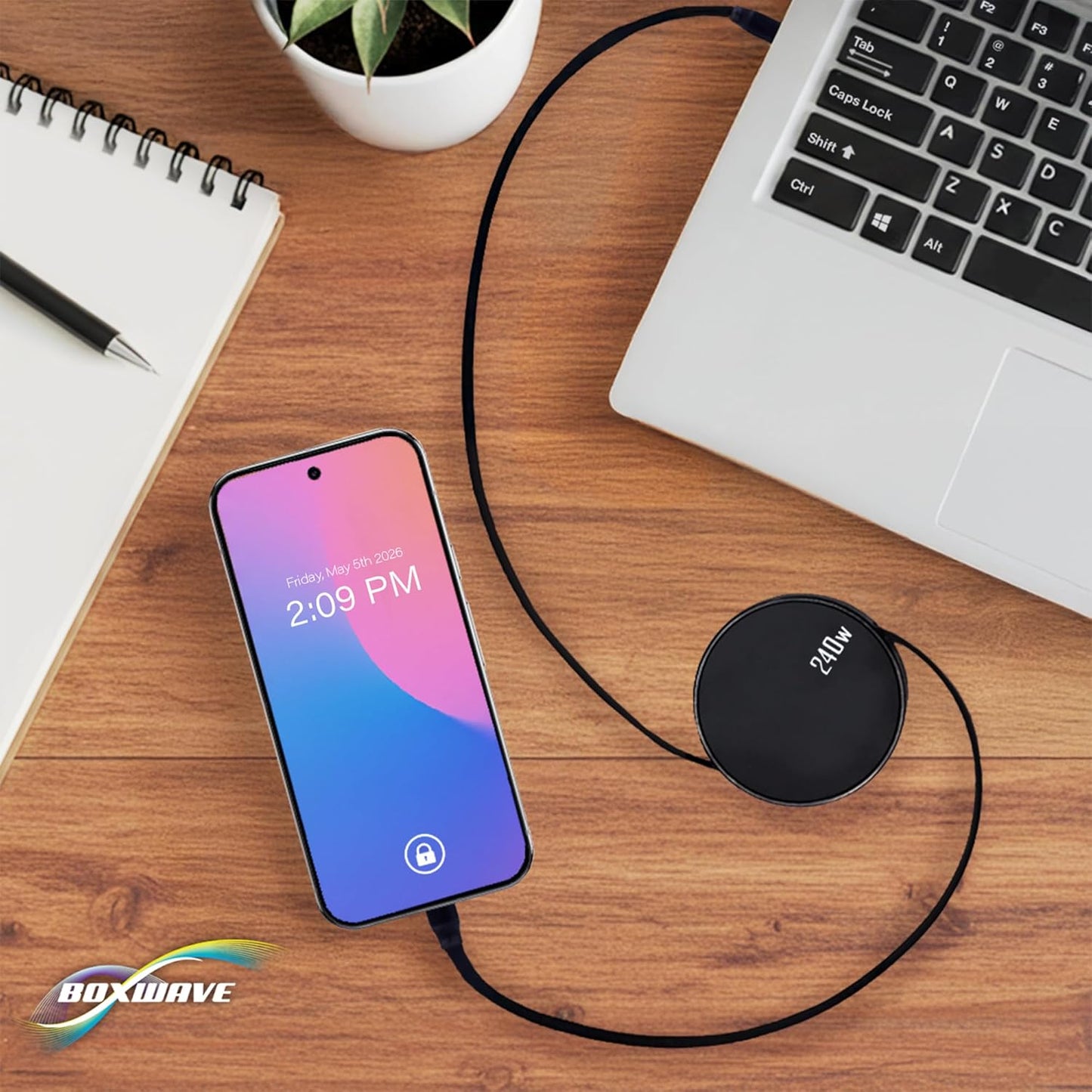 BoxWave MP3 W02 (240W), 240W Cable Compatible with Benjie Player - PD miniSync Retractable PD Portable USB Type-C Cable