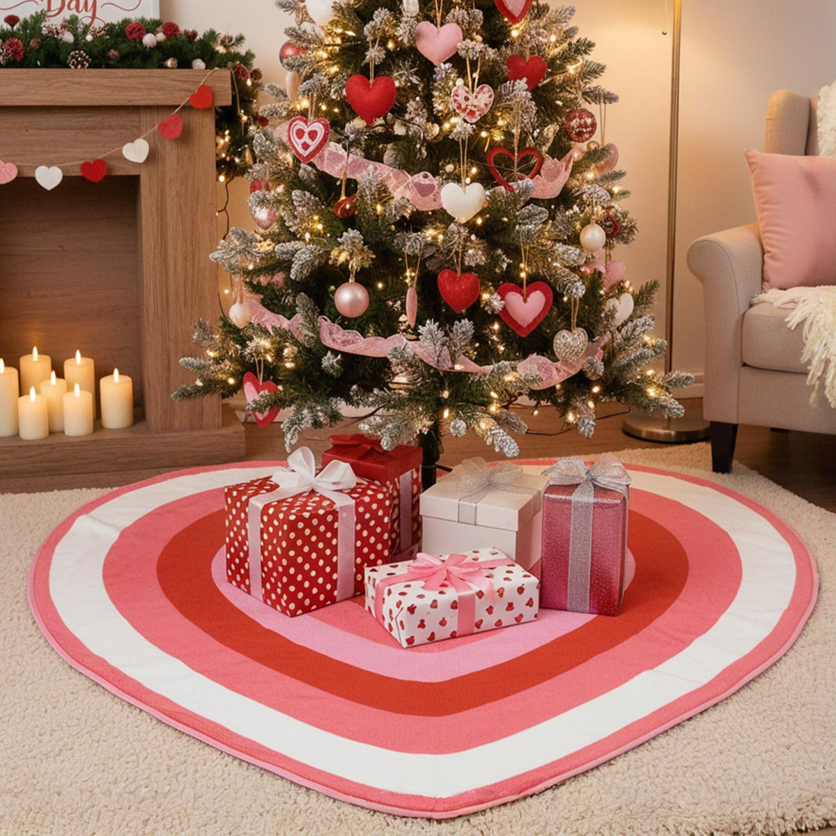 QIONG MENG Valentines Heart Tree Skirt Valentine‘s Day Tree Mat Decorations Valentine's Day 48 Inch Pink Decor for Home