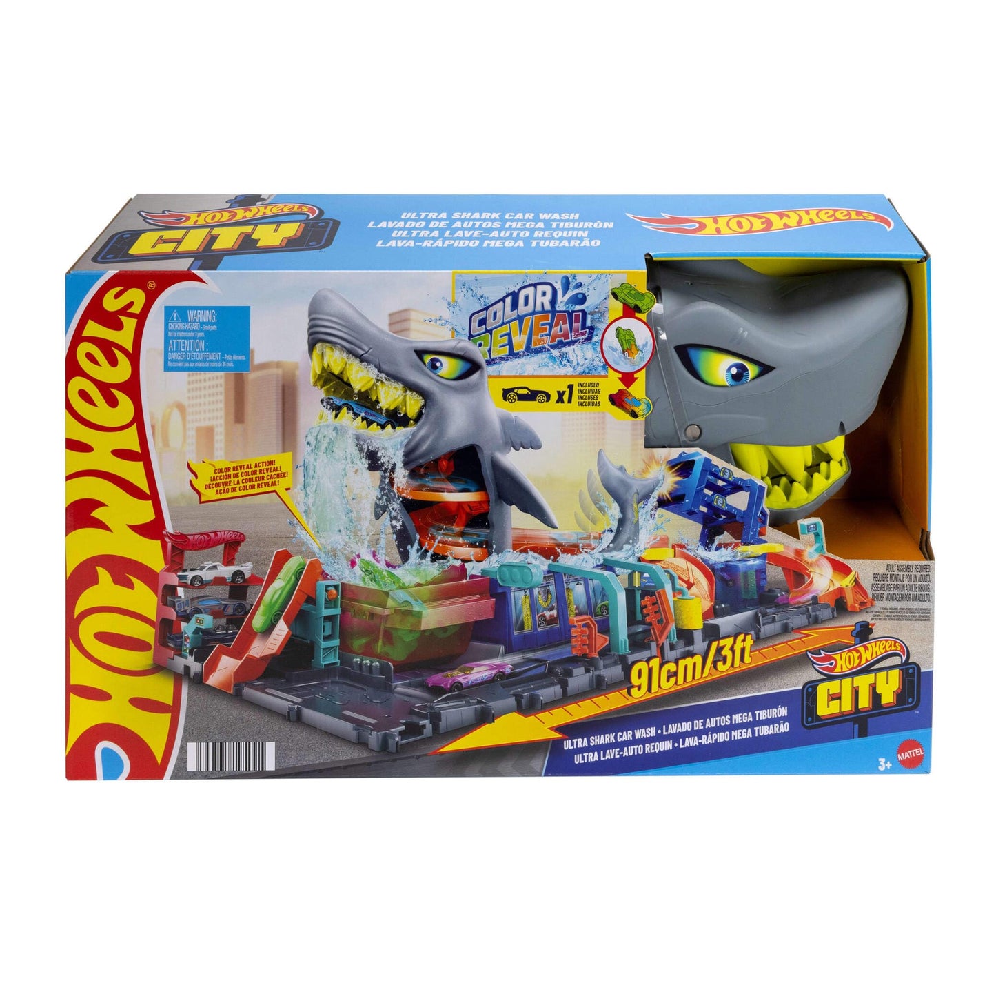 Hot Wheels City Track Set, Ultra Shark Car Wash with 1:64 Scale Color Reveal Toy Vehicle, Repeat Color-Change Feature, Storage