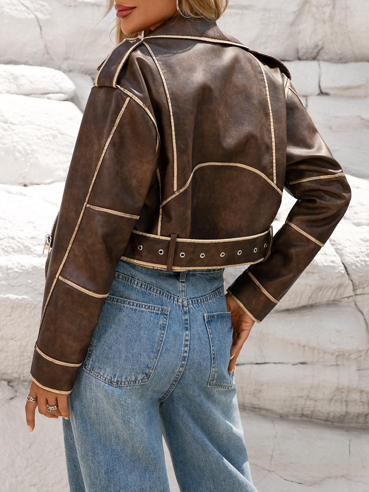 LY VAREY LIN Women Faux Leather Cropped Jacket Lapel Zipper Biker Short Coat with Belt