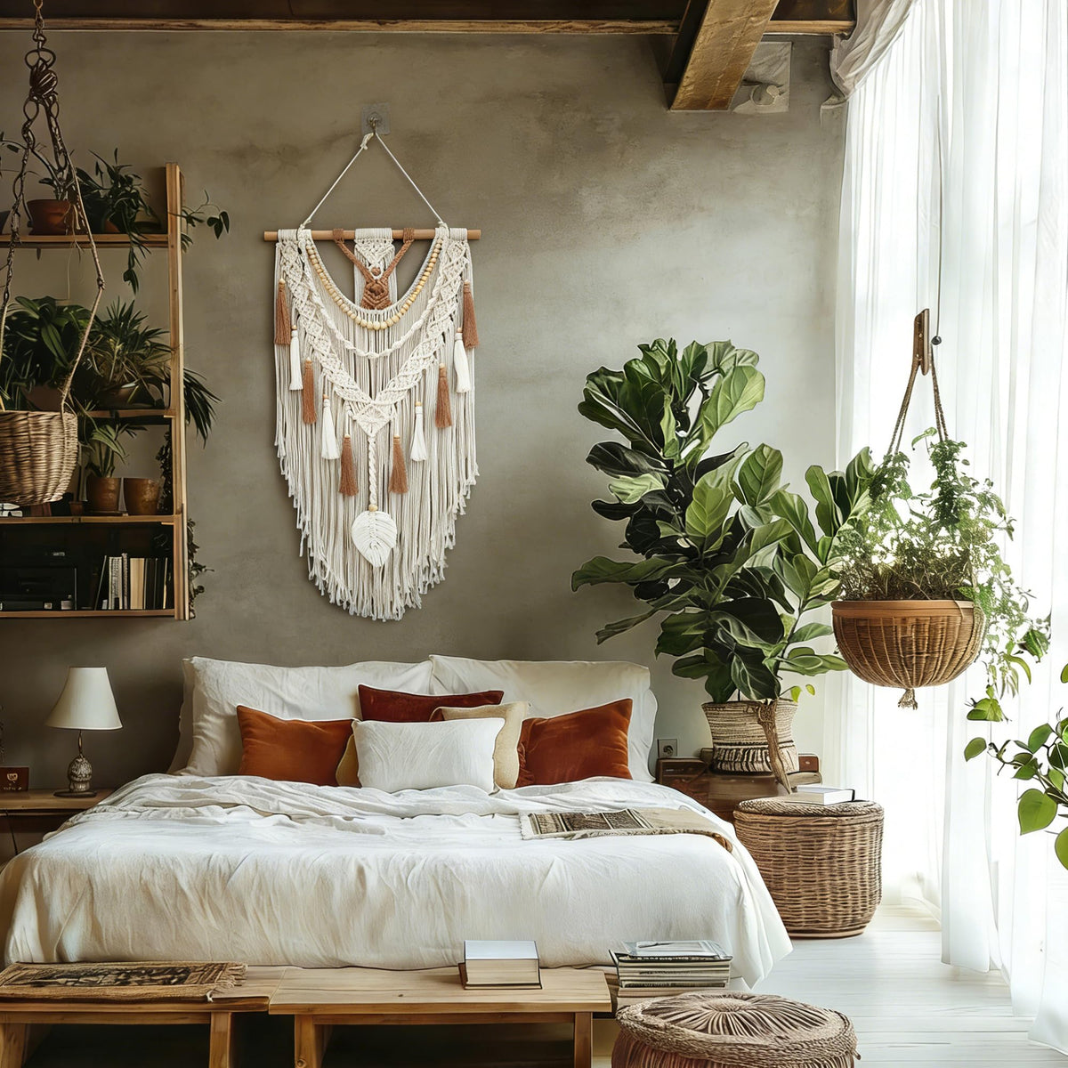 MEIZHIANDME Macrame Wall Hanging, Boho Woven Tapestry Wall Decor, Chic Bohemian Handmade Leaf Feather Wall Art Decorations for Bedroom Living Room Apartment Wedding Party (Leaf & Wood Bead)