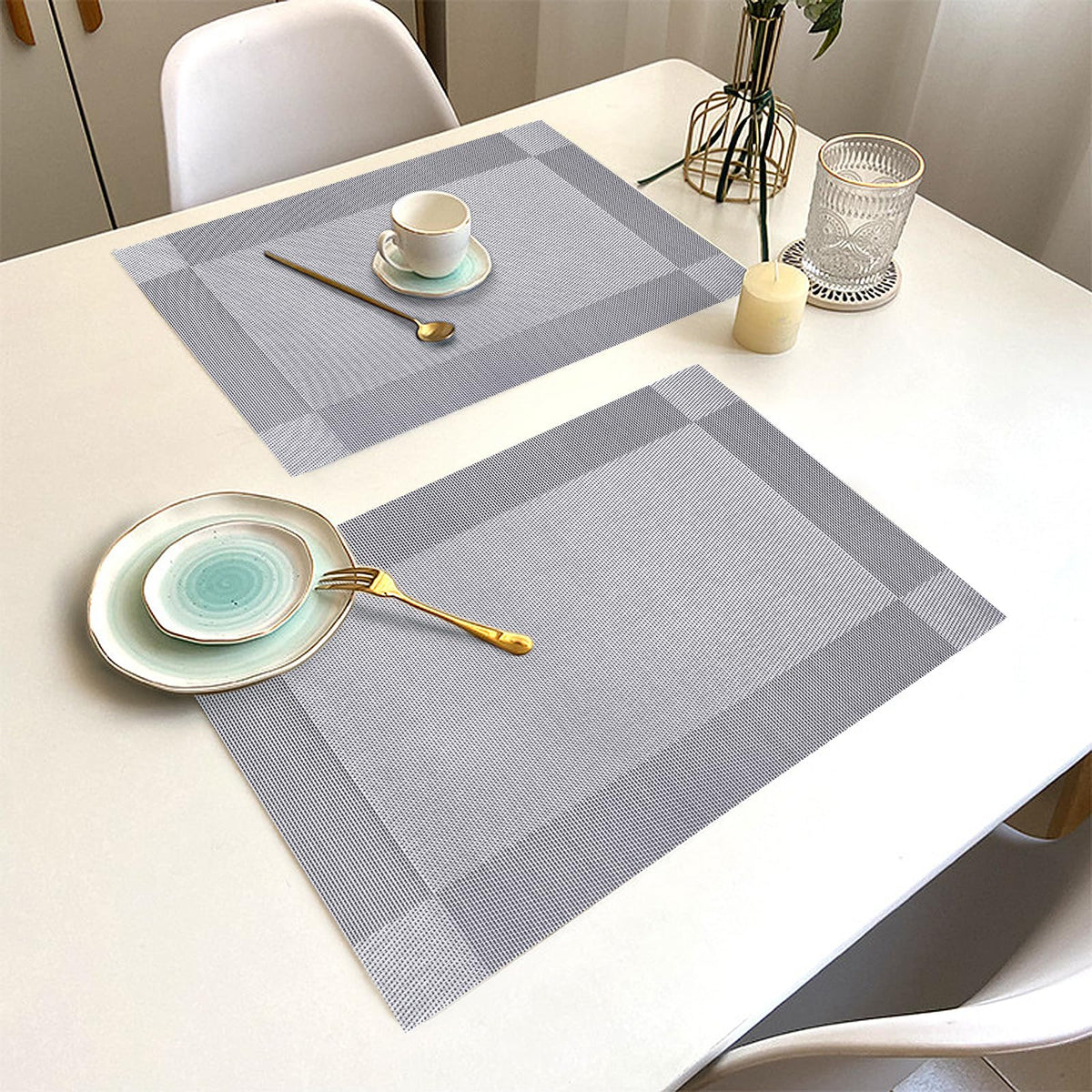 Uolr Placemats Set of 6 Washable&Wipeable Silver Place mats for Dining Table Kitchen Indoor Outdoor Table Mats Heat Resistant Non Slip Woven Vinyl Table Placemats (Grey,6PCS)