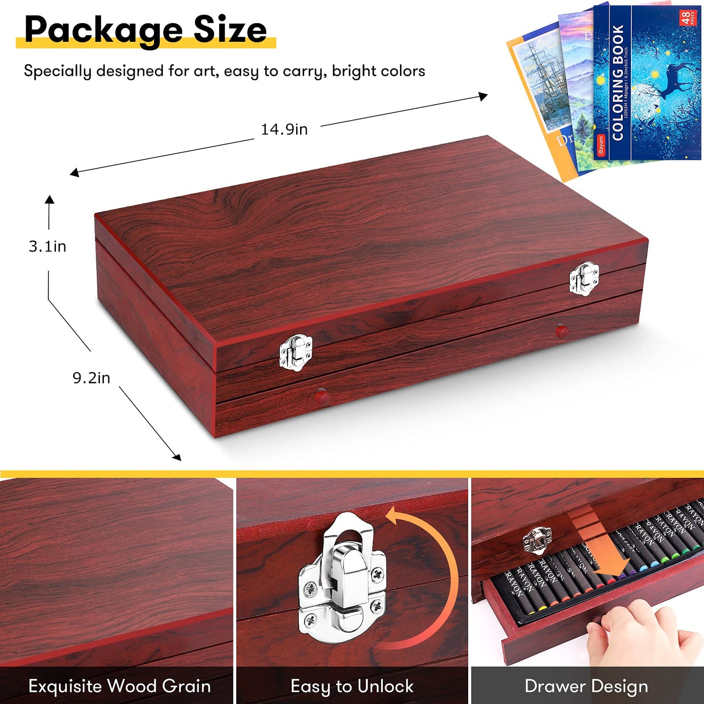 iBayam Art Supplies, 150-Pack Deluxe Wooden Art Set Crafts Drawing Painting Kit with 2 -Sketch Pads, 1-Coloring Book, Gift Box for Kids Adults Artist Beginners Teens Girls Boys 5 6 7 8 9 10 11 12