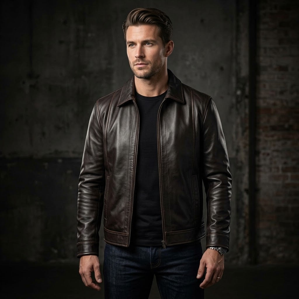 Sowachi Mens Distressed Dark Brown Biker Style Leather Jacket