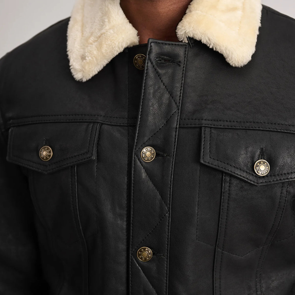 Sowachi Dallis Distressed Black Leather Shearling Trucker Jacket