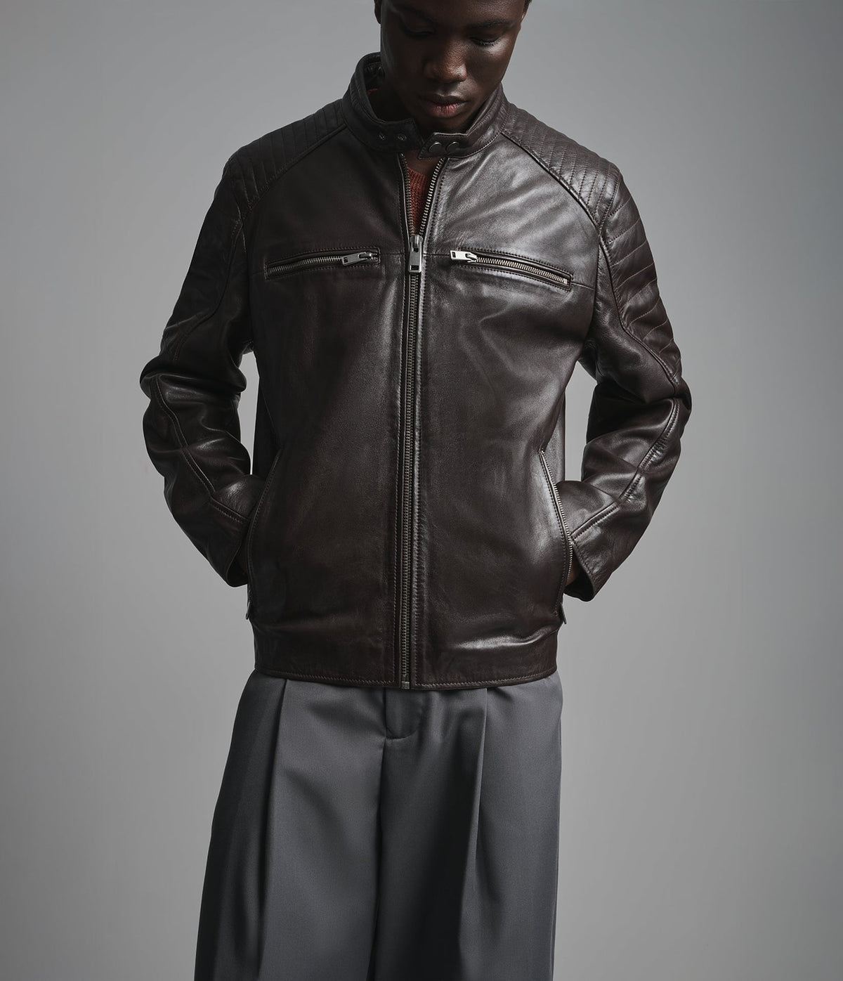 Lance Collarless Leather Moto Jacket