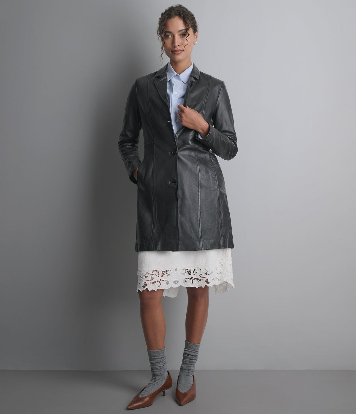Nora Button Down Leather Trench Coat