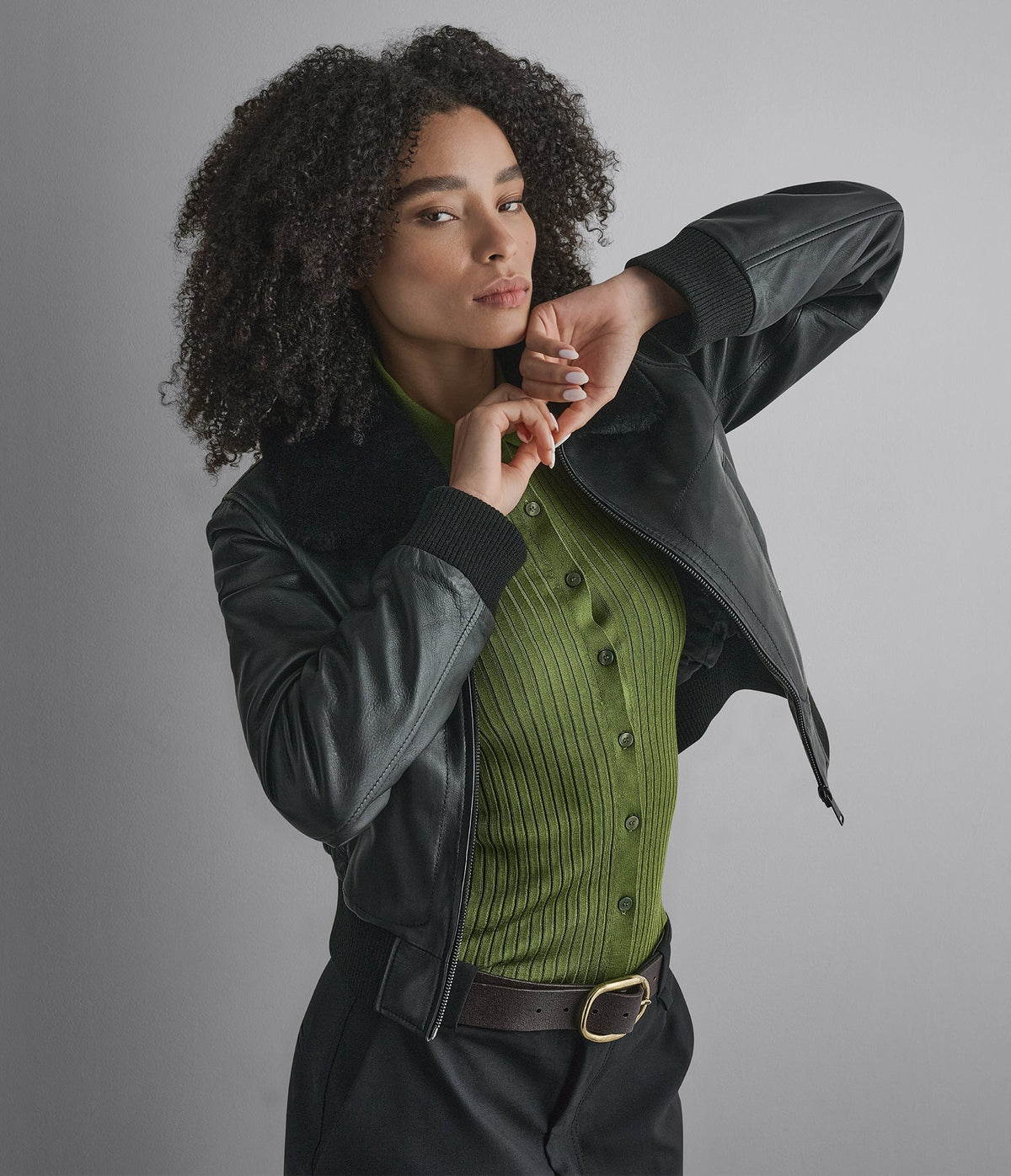 Avery Shearling Collar Leather Cropped Bomber Jacket