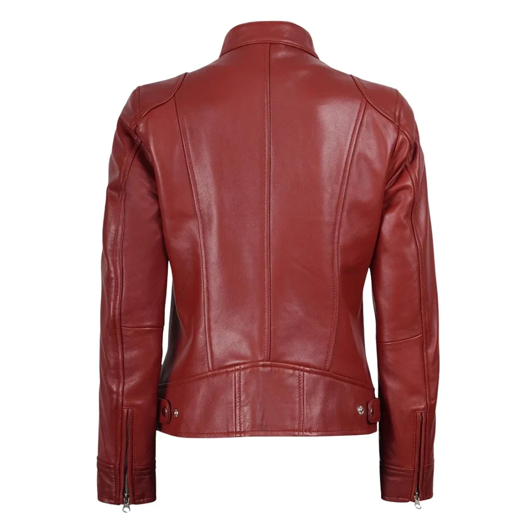 Women's Red Biker Style Sheepskin Leather Jacket