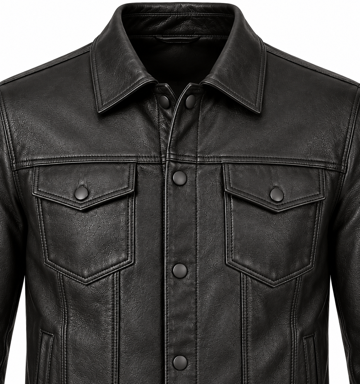 Men’s Black Sheepskin Leather Twin-Chest Trucker Jacket — J004