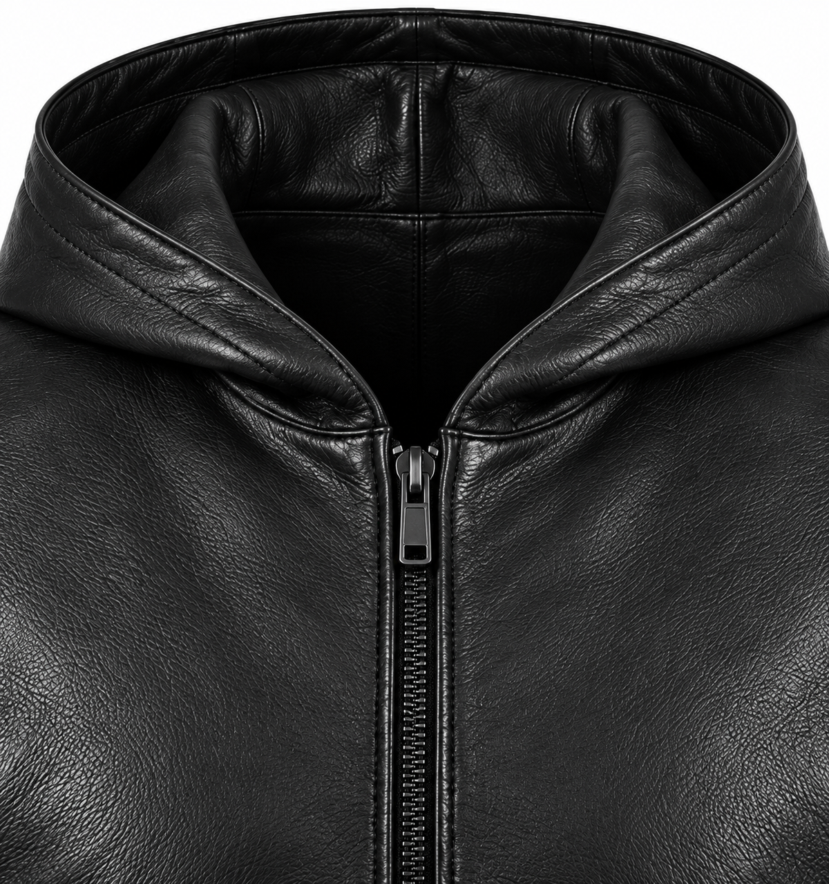 Men’s Black Sheepskin Leather Hooded Zip Jacket — J008