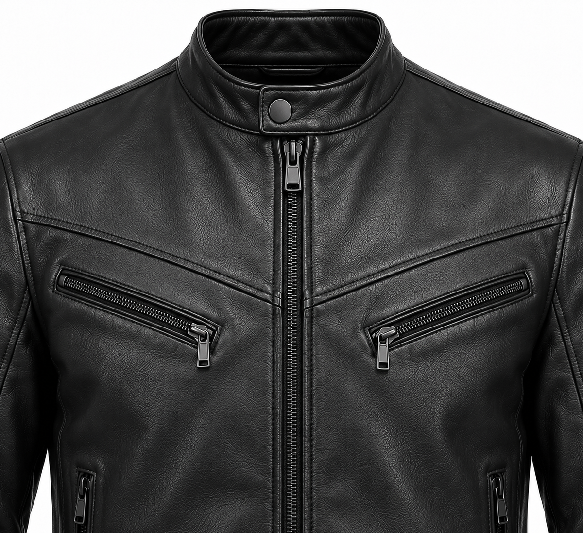 Men’s Black Sheepskin Leather Chevron-Yoke Moto Jacket — J013