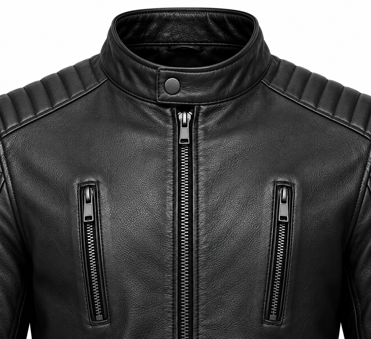 Men’s Black Sheepskin Leather Channel-Shoulder Moto Jacket — J023