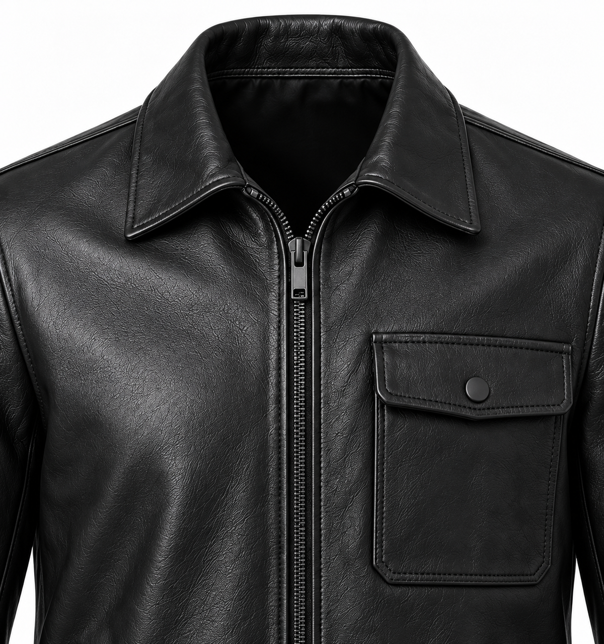 Men’s Black Sheepskin Leather Waist-Tab Shirt Jacket — J025