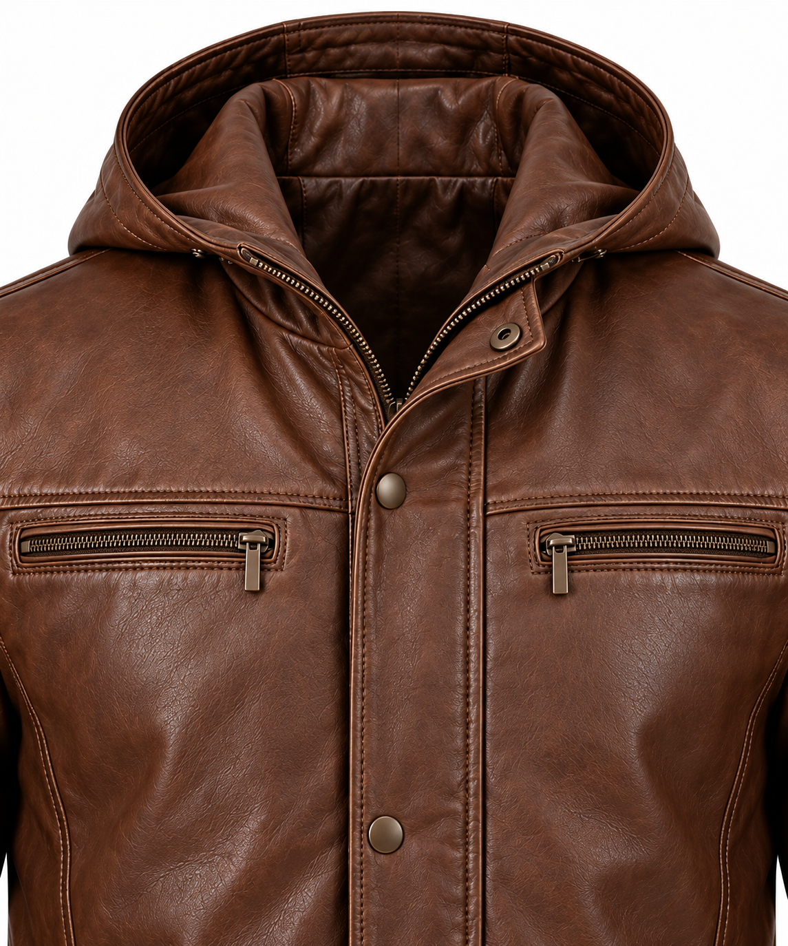Men’s Brown Sheepskin Leather Storm-Placket Hooded Field Jacket — J037