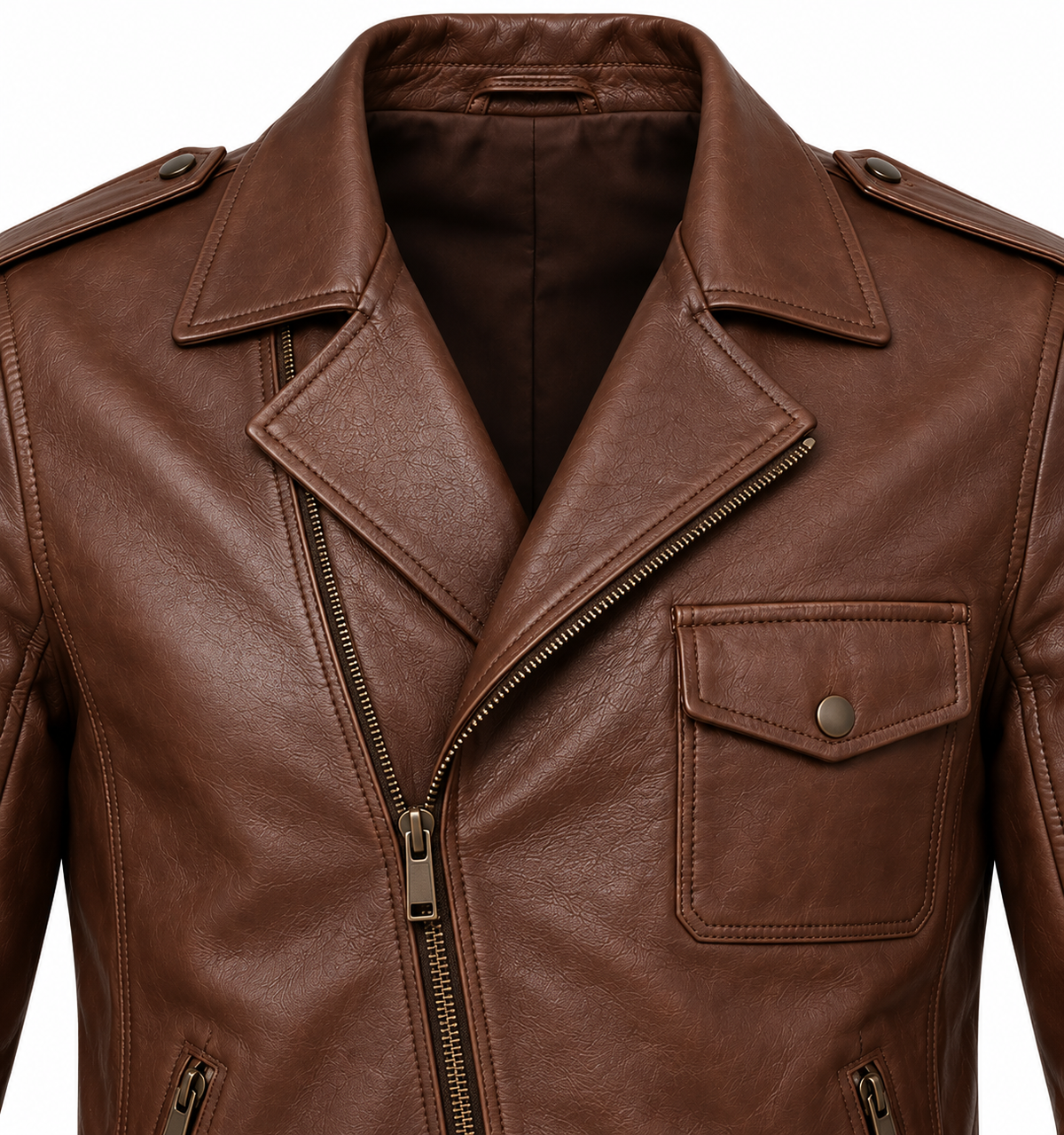 Men’s Brown Sheepskin Leather Asymmetric Flap-Pocket Rider Jacket — J050