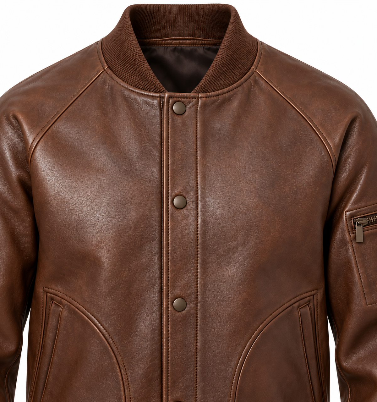 Men’s Brown Sheepskin Leather Curved-Welt Baseball Jacket — J056