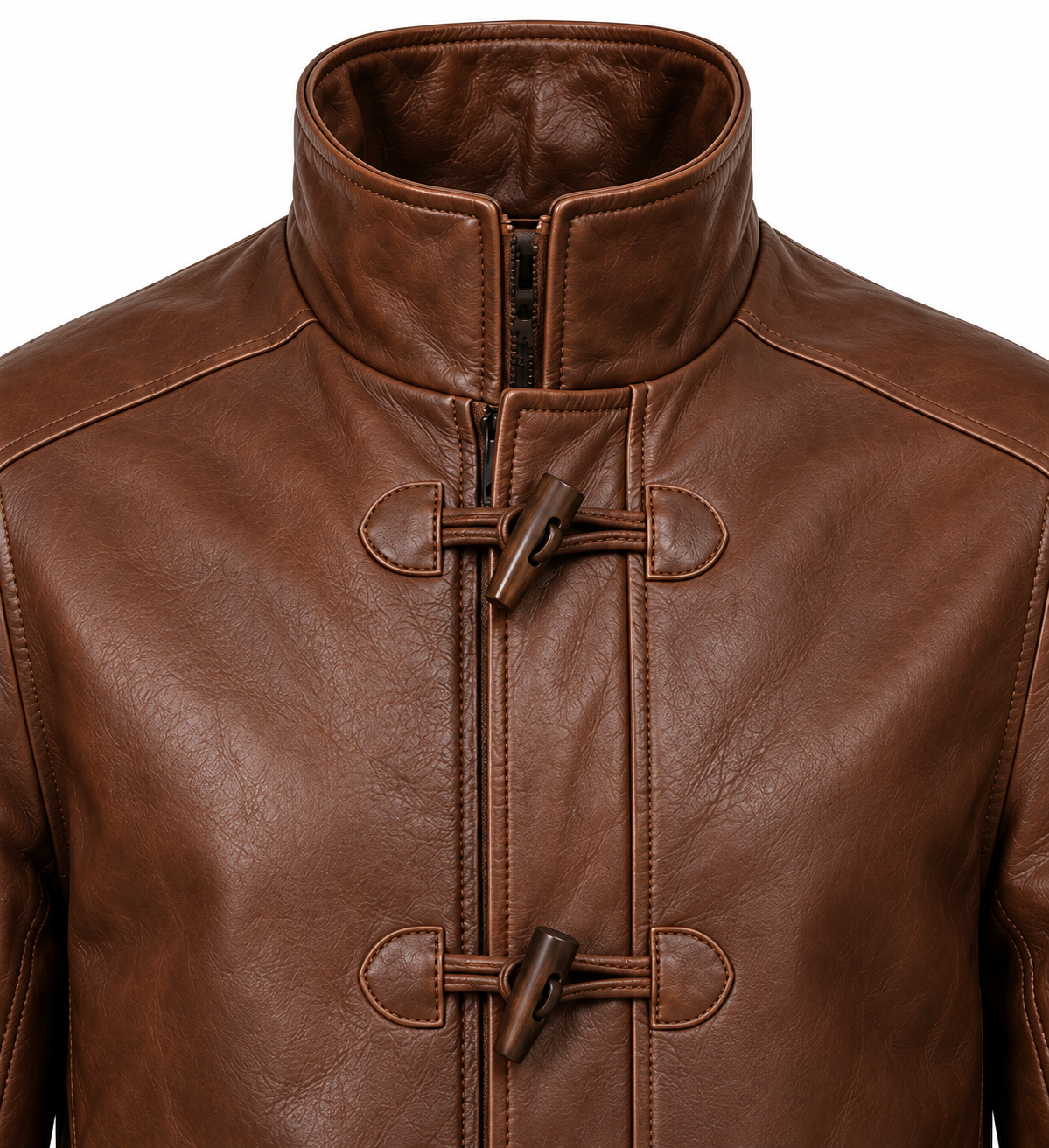 Men’s Brown Sheepskin Leather Funnel-Neck Toggle Jacket — J059