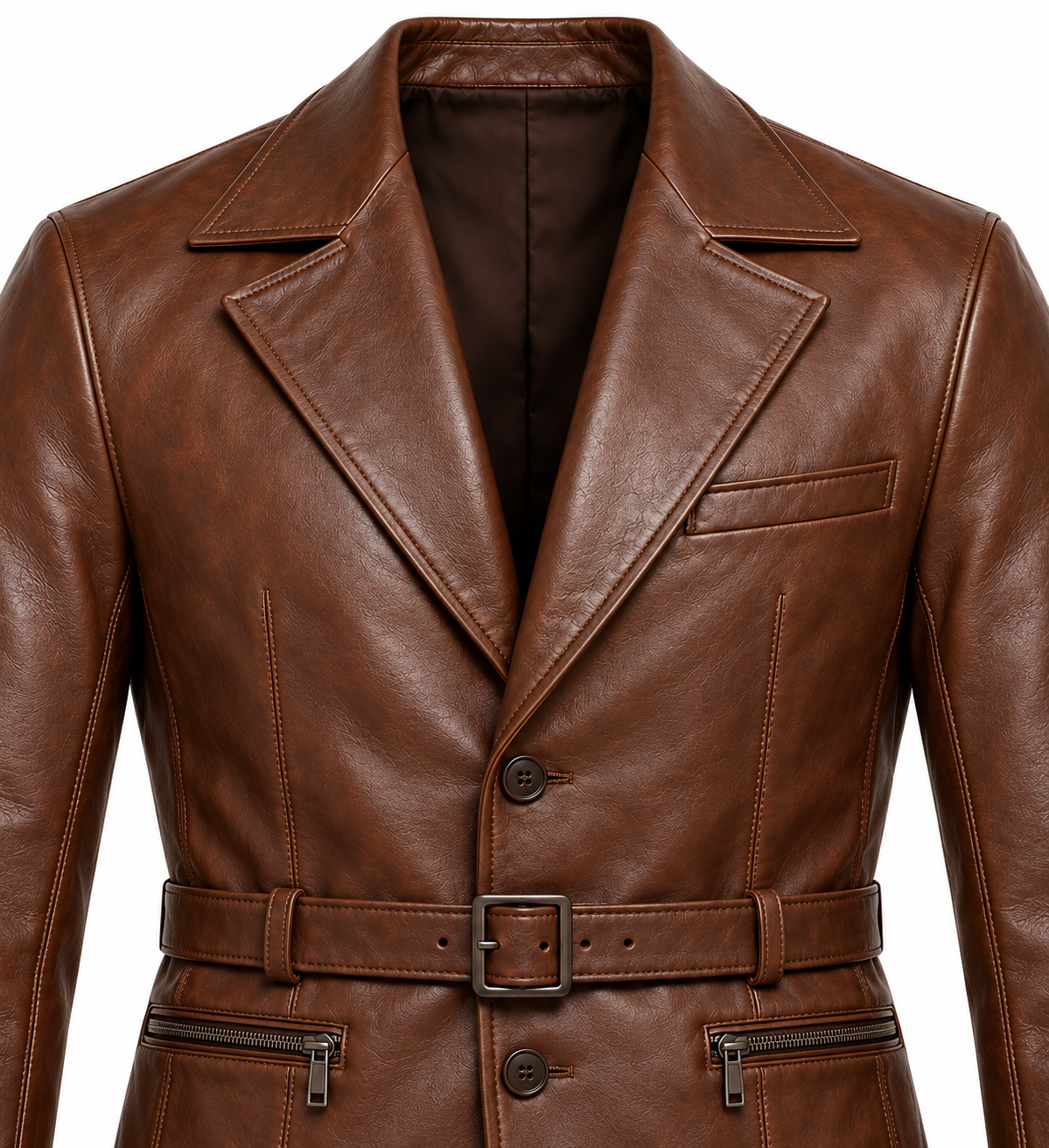 Men’s Brown Sheepskin Leather Zip-Pocket Belted Blazer Jacket — J060
