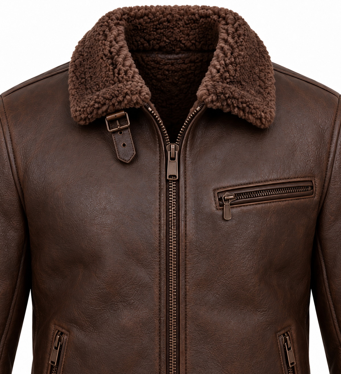Men’s Brown Sheepskin Shearling Twin-Zip Streamlined B-6 Flyer Jacket — SH012