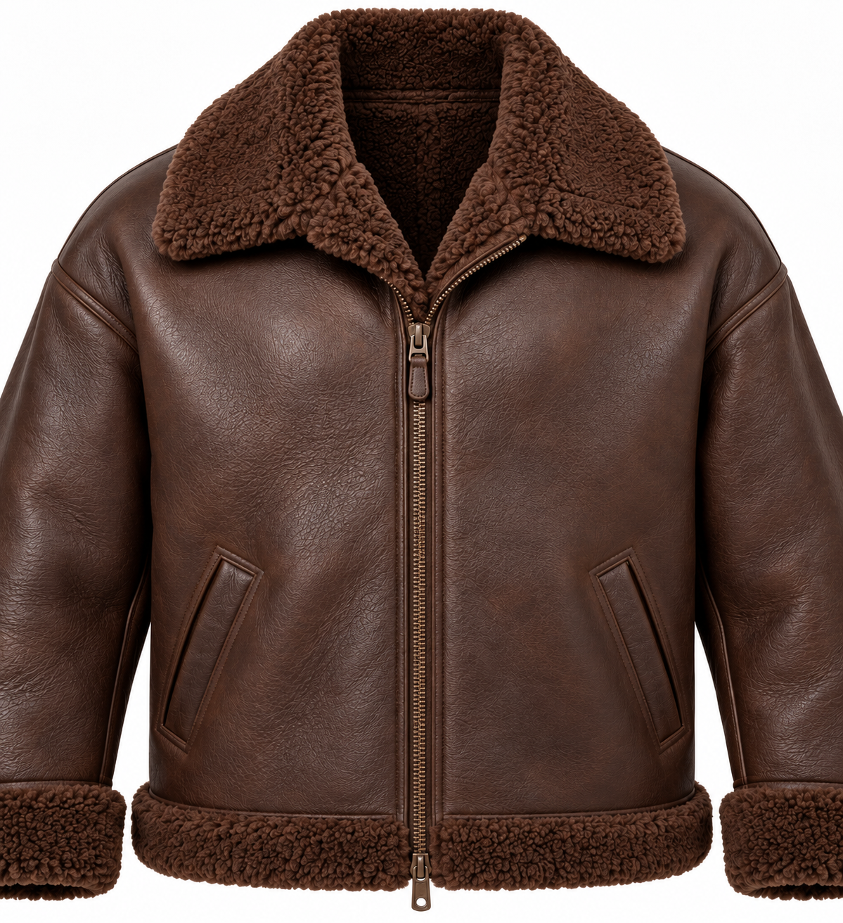 Men’s Brown Sheepskin Shearling Slanted-Welt Relaxed Flight Bomber Jacket — SH021