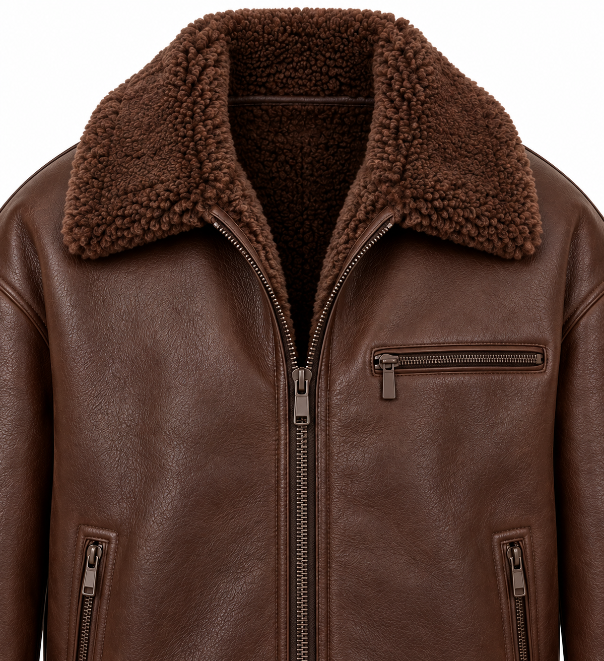Men’s Brown Sheepskin Shearling Twin-Zip Relaxed Flight Bomber Jacket — SH022