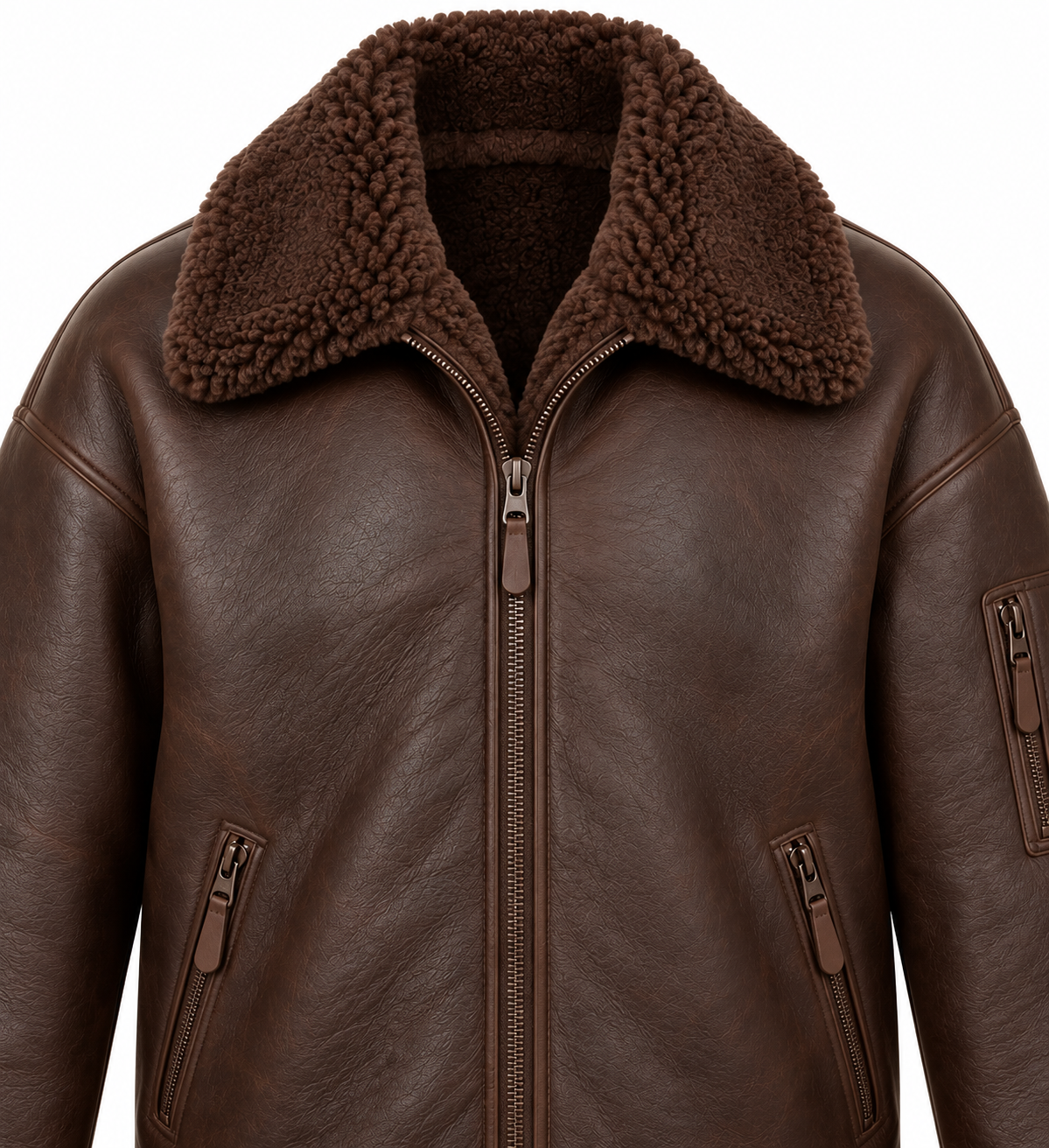 Men’s Brown Sheepskin Shearling Utility-Zip Relaxed Flight Bomber Jacket — SH026
