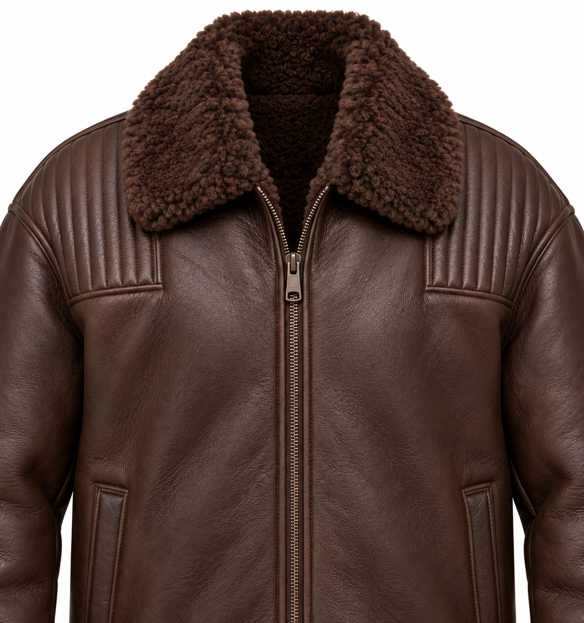Men’s Brown Sheepskin Shearling Channel-Yoke Relaxed Flight Bomber Jacket — SH027