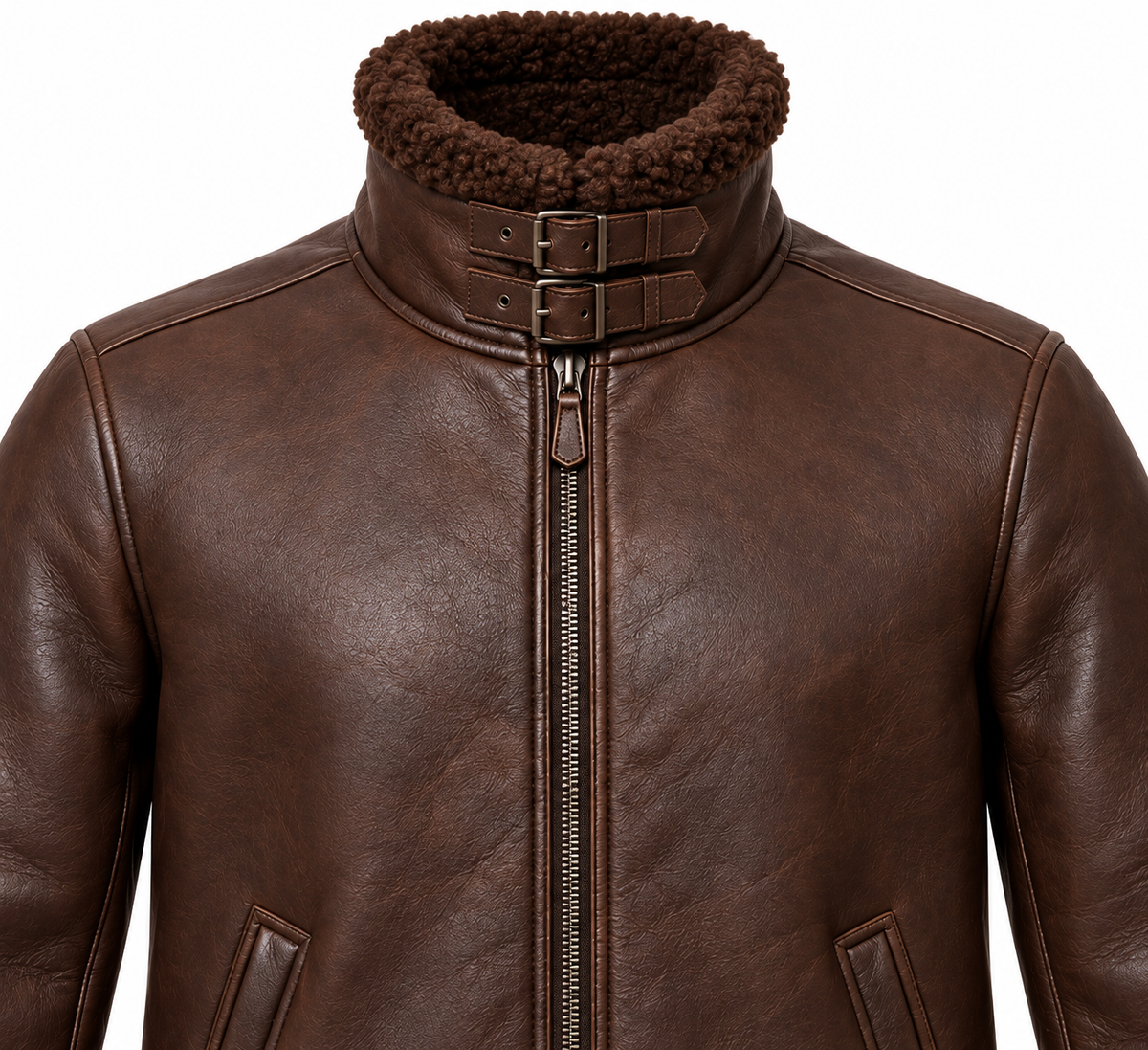 Men’s Brown Sheepskin Shearling Slanted-Welt Buckle-Collar Pilot Jacket — SH031
