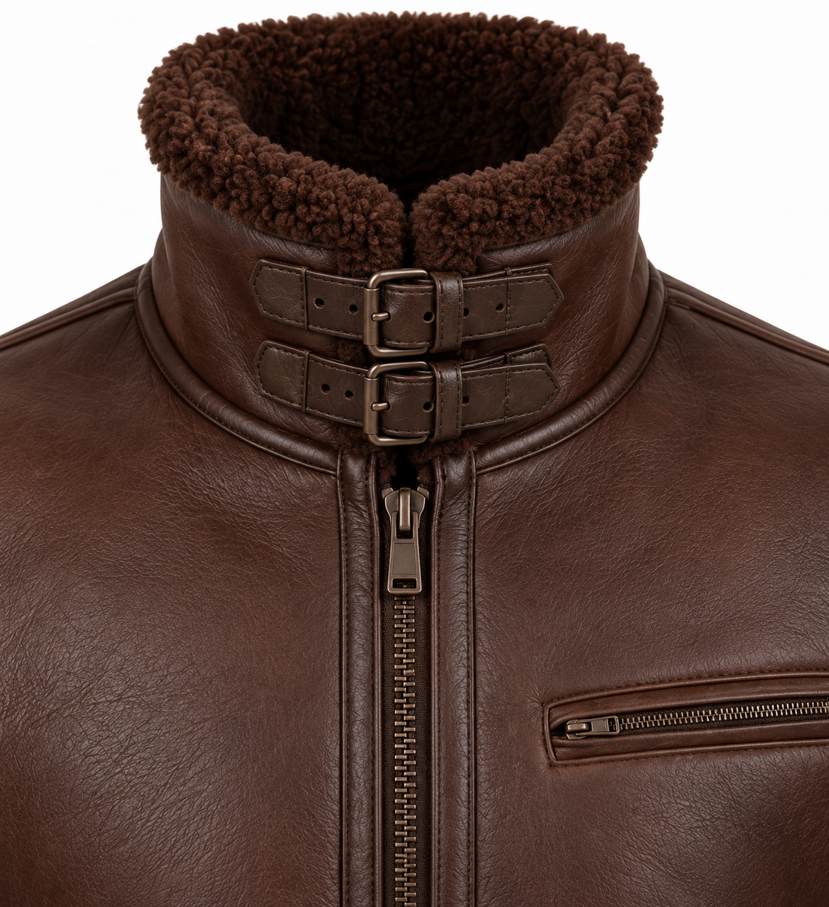 Men’s Brown Sheepskin Shearling Twin-Zip Buckle-Collar Pilot Jacket — SH032