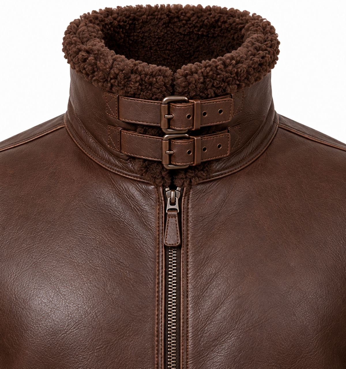 Men’s Brown Sheepskin Shearling Half-Belt Buckle-Collar Pilot Jacket — SH038