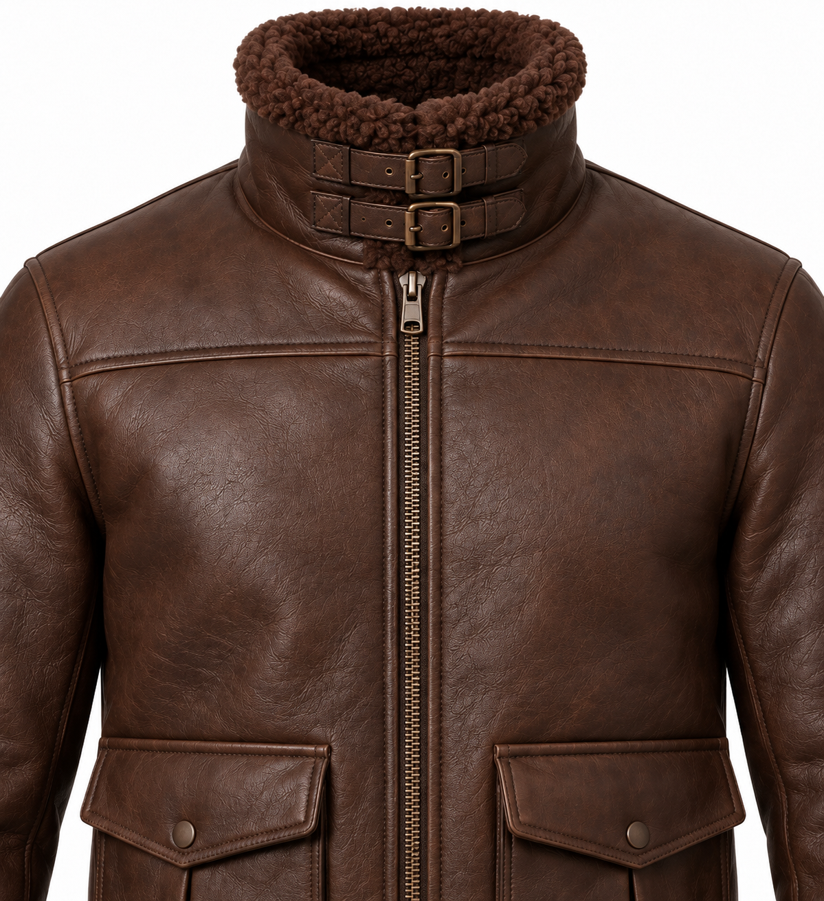 Men’s Brown Sheepskin Shearling Angular-Flap Buckle-Collar Pilot Jacket — SH039