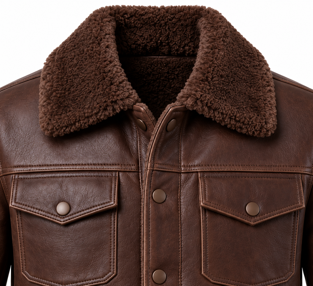 Men’s Brown Sheepskin Shearling Slanted-Welt Trucker Jacket — SH041