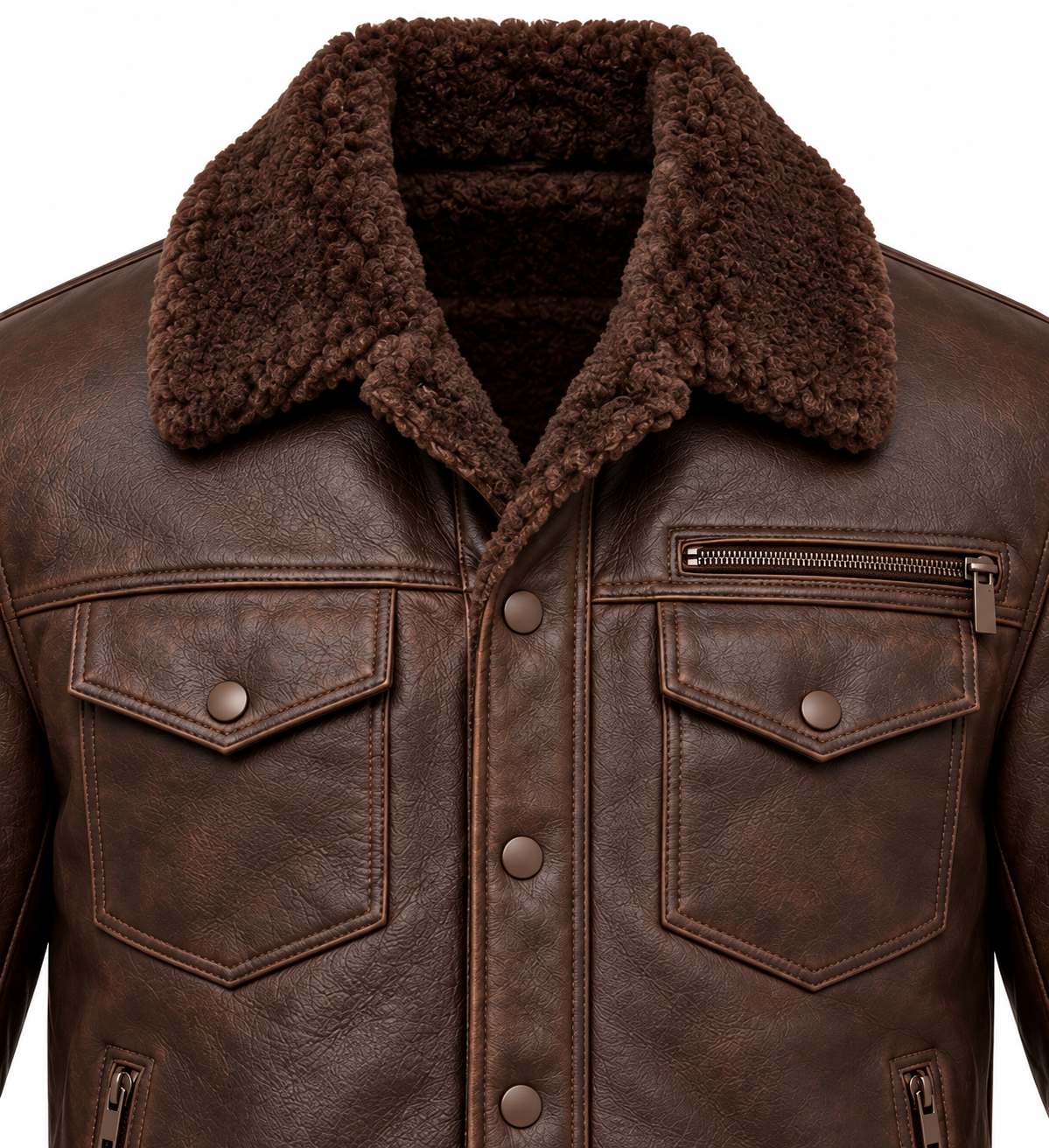 Men’s Brown Sheepskin Shearling Twin-Zip Trucker Jacket — SH042